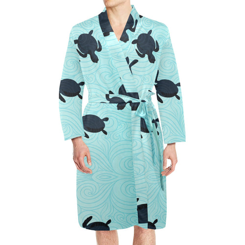 Sea turtle with blue ocean backgroud Men's Long Sleeve Belted Night Robe