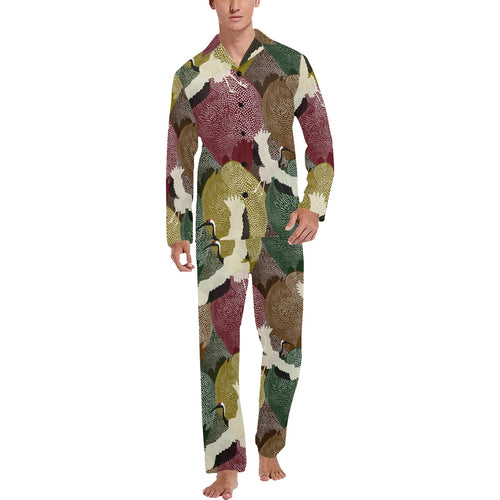 Japanese cranes flying forest dot pattern Men's Long Pajama Set