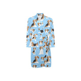 Beagle dog blue background pattern Men's Long Sleeve Belted Night Robe