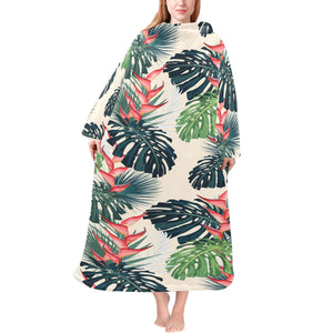 heliconia flowers, palm and monstera leaves Blanket Robe with Sleeves