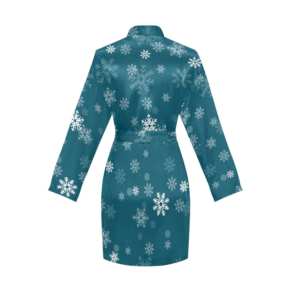 Snowflake pattern dark background Women's Long Sleeve Belted Night Robe