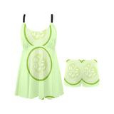Cucumber pattern Chest Sexy Pleated Two Piece Swim Dress