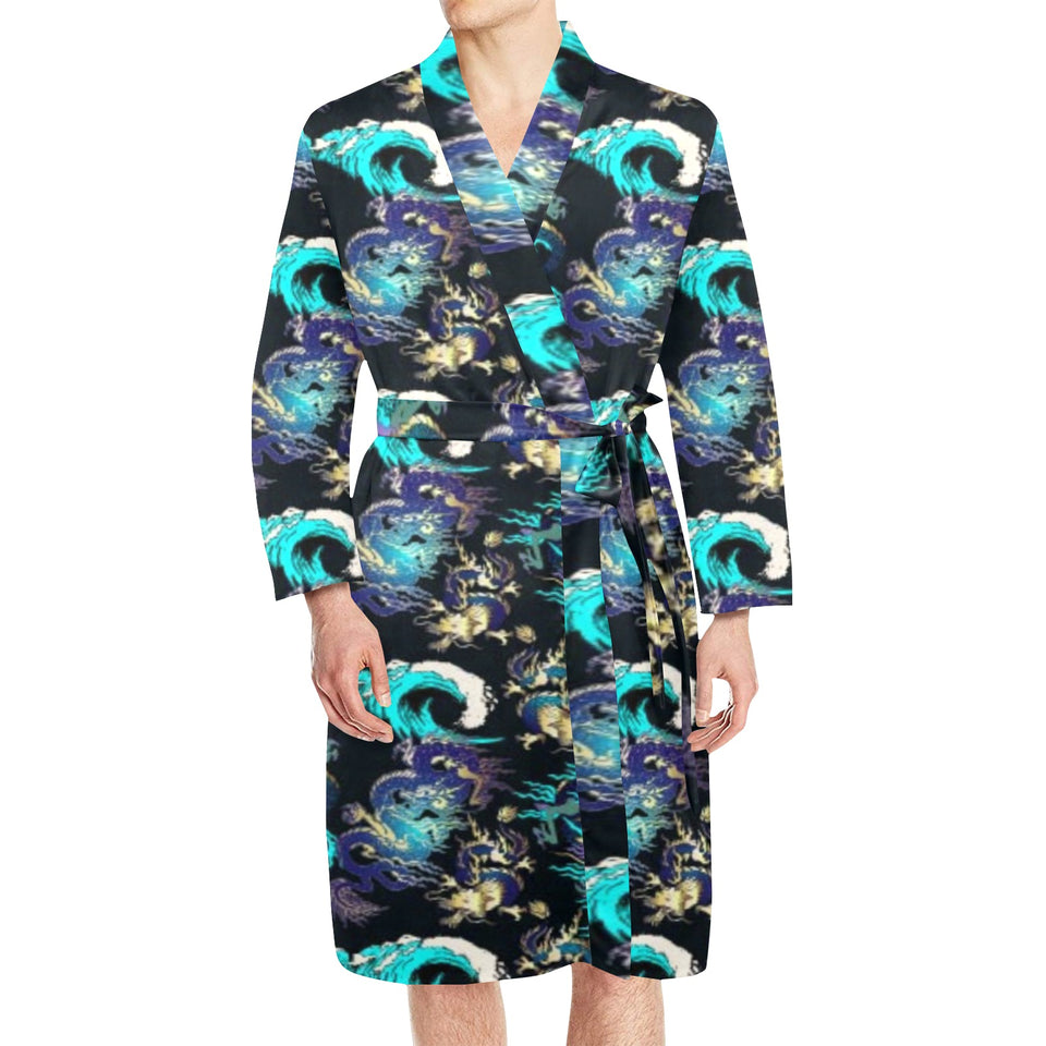Dragon sea wave pattern Men's Long Sleeve Belted Night Robe