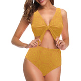Orange traditional indian element pattern Chest Bowknot High Waisted Bikini Swimsuit