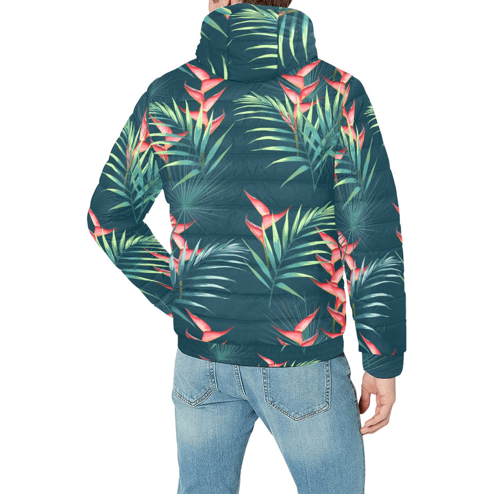 heliconia flowers, palm and monstera leaves on bla Men's Padded Hooded Jacket
