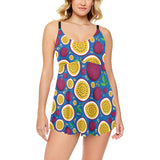 Passion fruit blue background Chest Sexy Pleated Two Piece Swim Dress