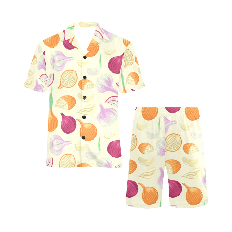 Onion garlic white red pattern Men's V-Neck Short Pajama Set