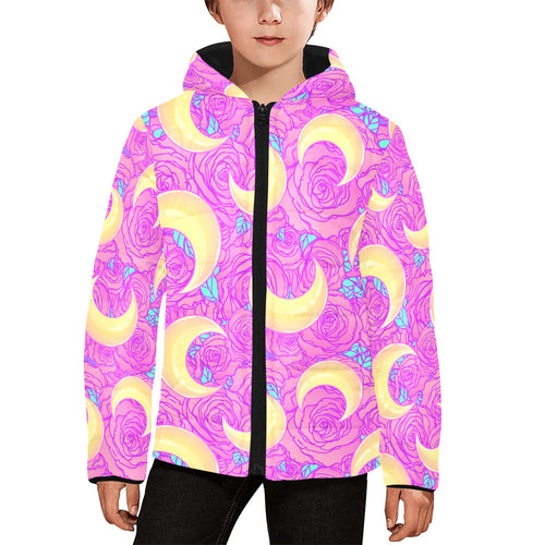 Moon pink rose background Kids' Boys' Girls' Padded Hooded Jacket