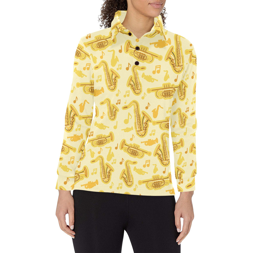 Saxophone cornet pattern yellow background Women's Long Sleeve Polo Shirt