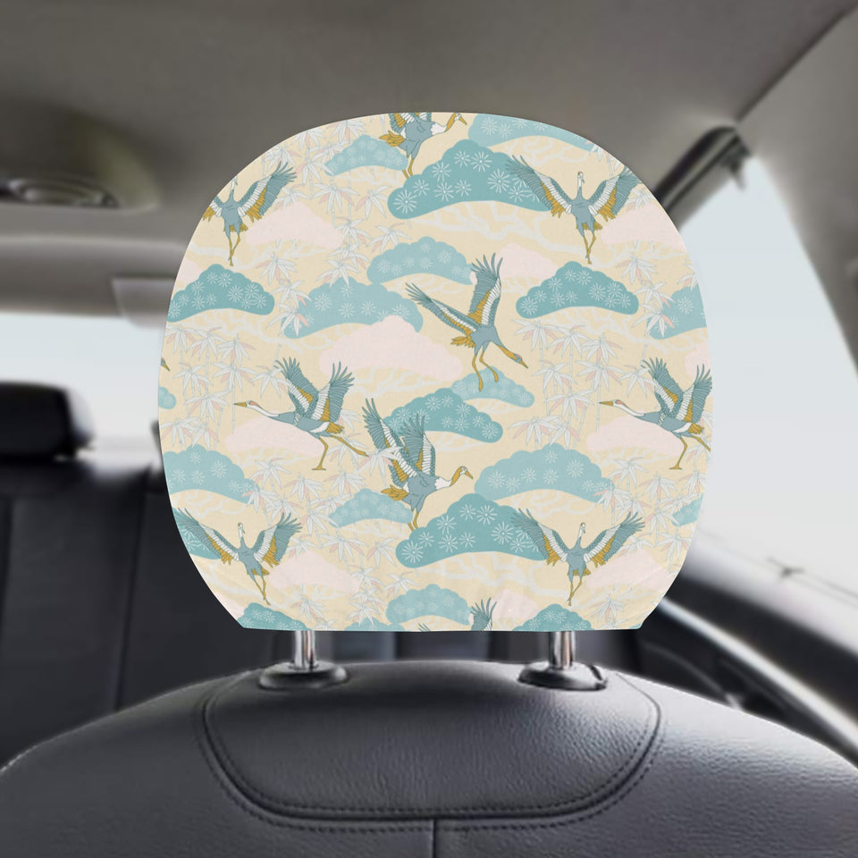 Bonsai bamboo stork japanese pattern cream theme Car Headrest Cover