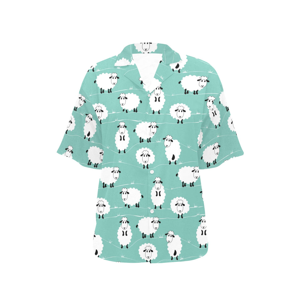 Cute sheep green background Women's All Over Print Hawaiian Shirt