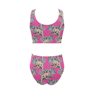 Chameleon lizard pattern pink background Chest Bowknot High Waisted Bikini Swimsuit