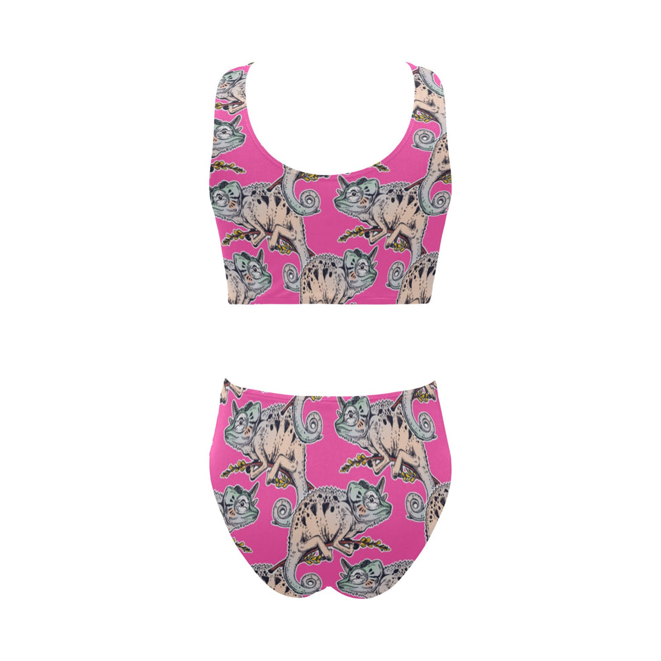 Chameleon lizard pattern pink background Chest Bowknot High Waisted Bikini Swimsuit