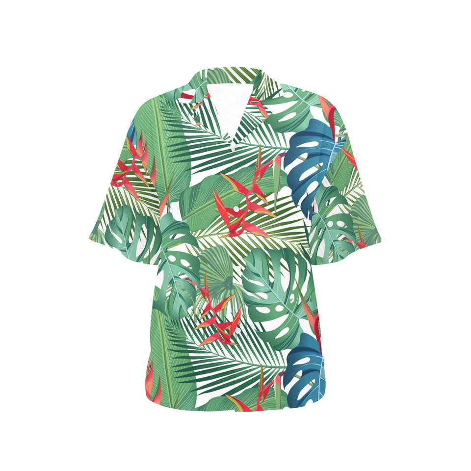 heliconia palm and monstera  leaves pattern Women's All Over Print Hawaiian Shirt