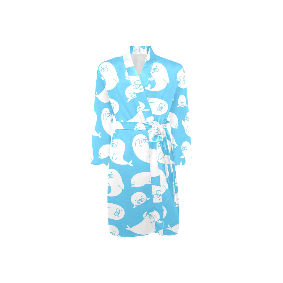 Cute white sea lion seals pattern Men's Long Sleeve Belted Night Robe
