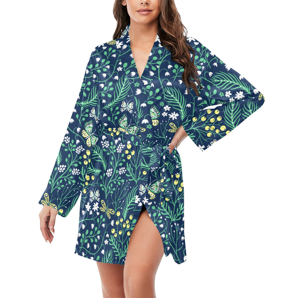 butterfly leaves pattern Women's Long Sleeve Belted Night Robe