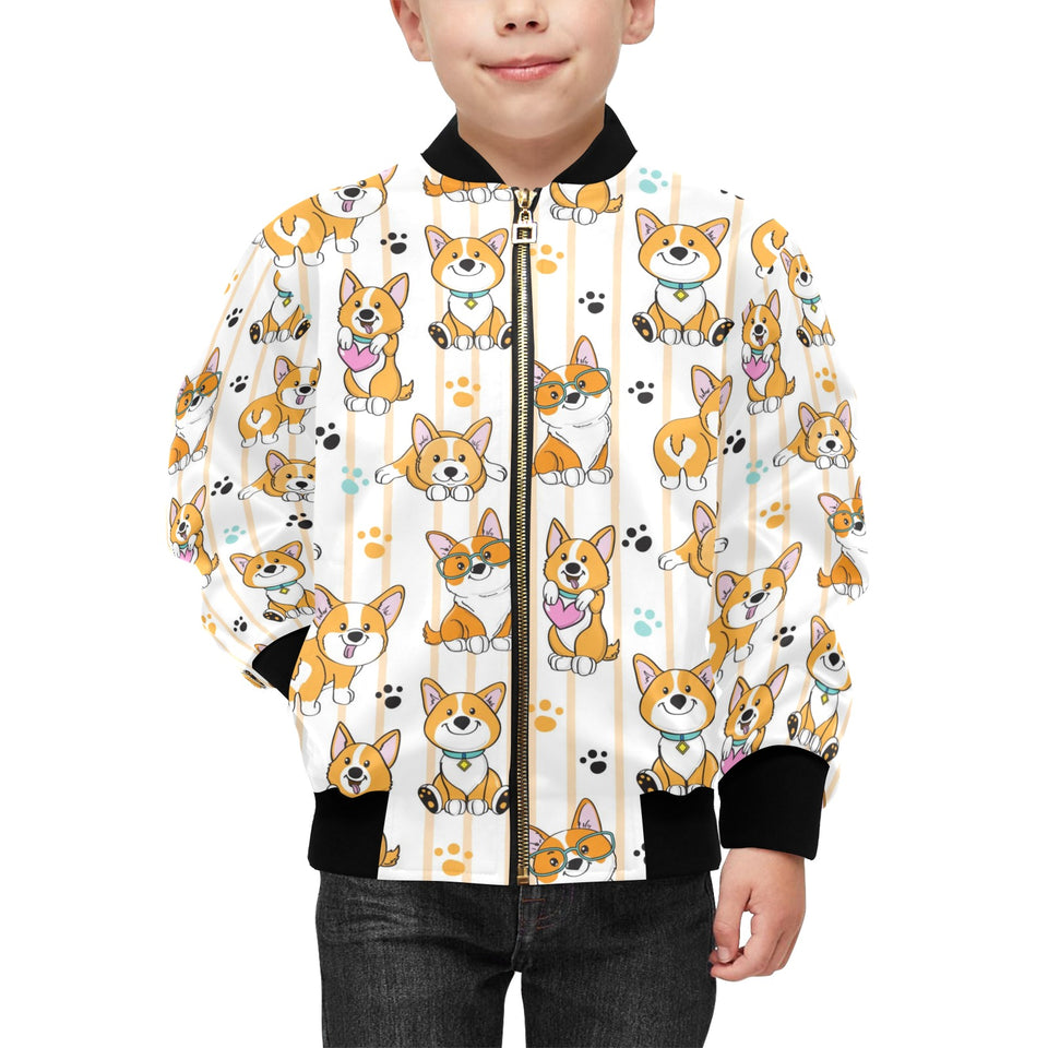 Cute dog corgi striped background pattern Kids' Boys' Girls' Bomber Jacket