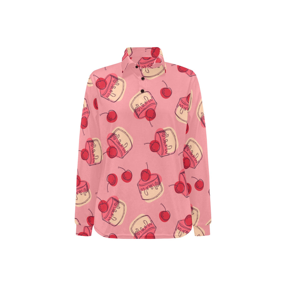 Cake cherry pattern Women's Long Sleeve Polo Shirt