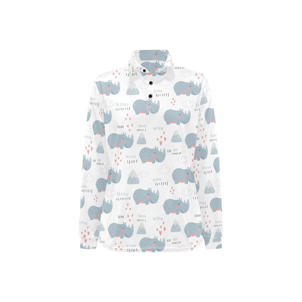 cute rhino heart pattern Women's Long Sleeve Polo Shirt