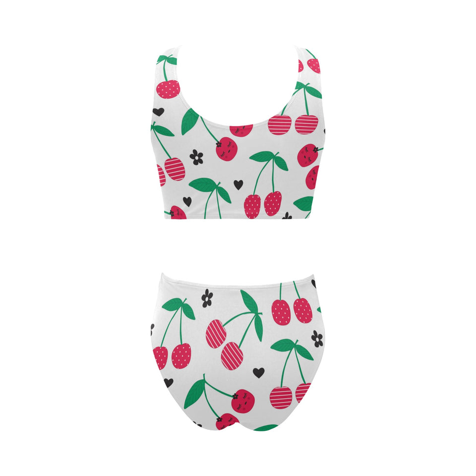 cherry pattern white background Chest Bowknot High Waisted Bikini Swimsuit