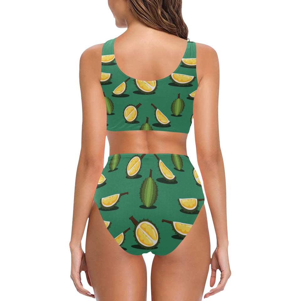 Durian pattern green background Chest Bowknot High Waisted Bikini Swimsuit