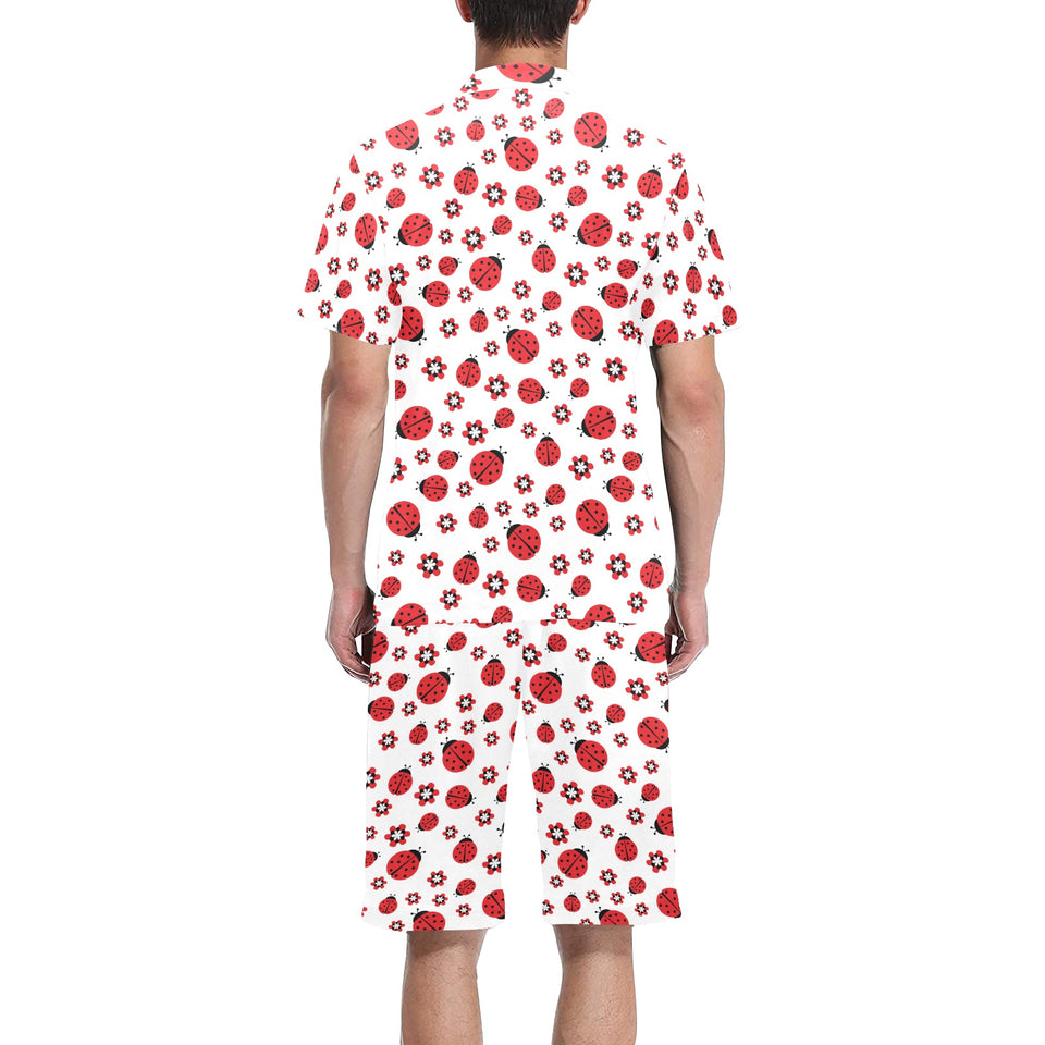 Ladybug Pattern Print Design 04 Men's V-Neck Short Pajama Set