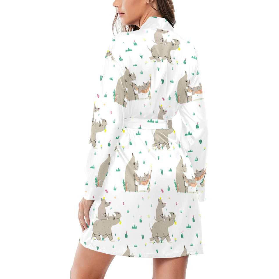 Cute Rhino pattern background Women's Long Sleeve Belted Night Robe