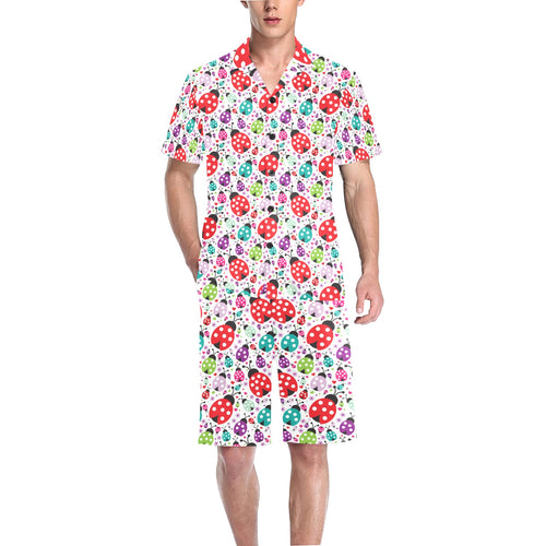 Ladybug Pattern Print Design 03 Men's V-Neck Short Pajama Set