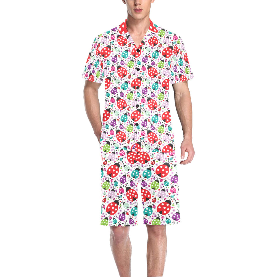 Ladybug Pattern Print Design 03 Men's V-Neck Short Pajama Set