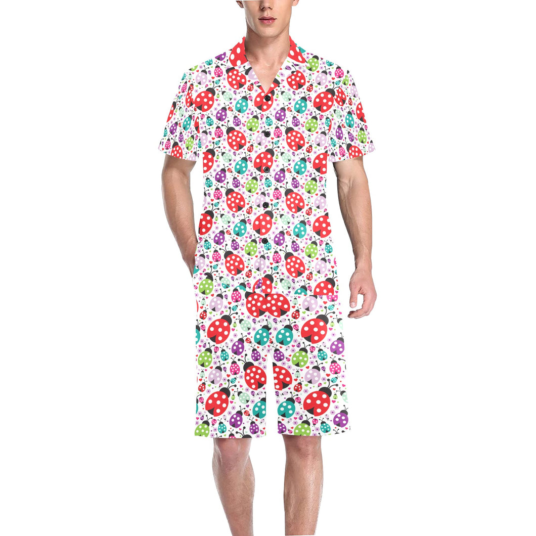 Ladybug Pattern Print Design 03 Men's V-Neck Short Pajama Set