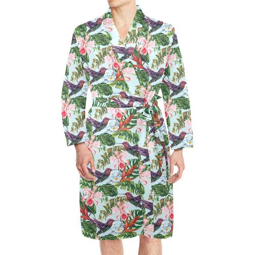 Hummingbird Pattern Print Design 05 Men's Long Sleeve Belted Night Robe