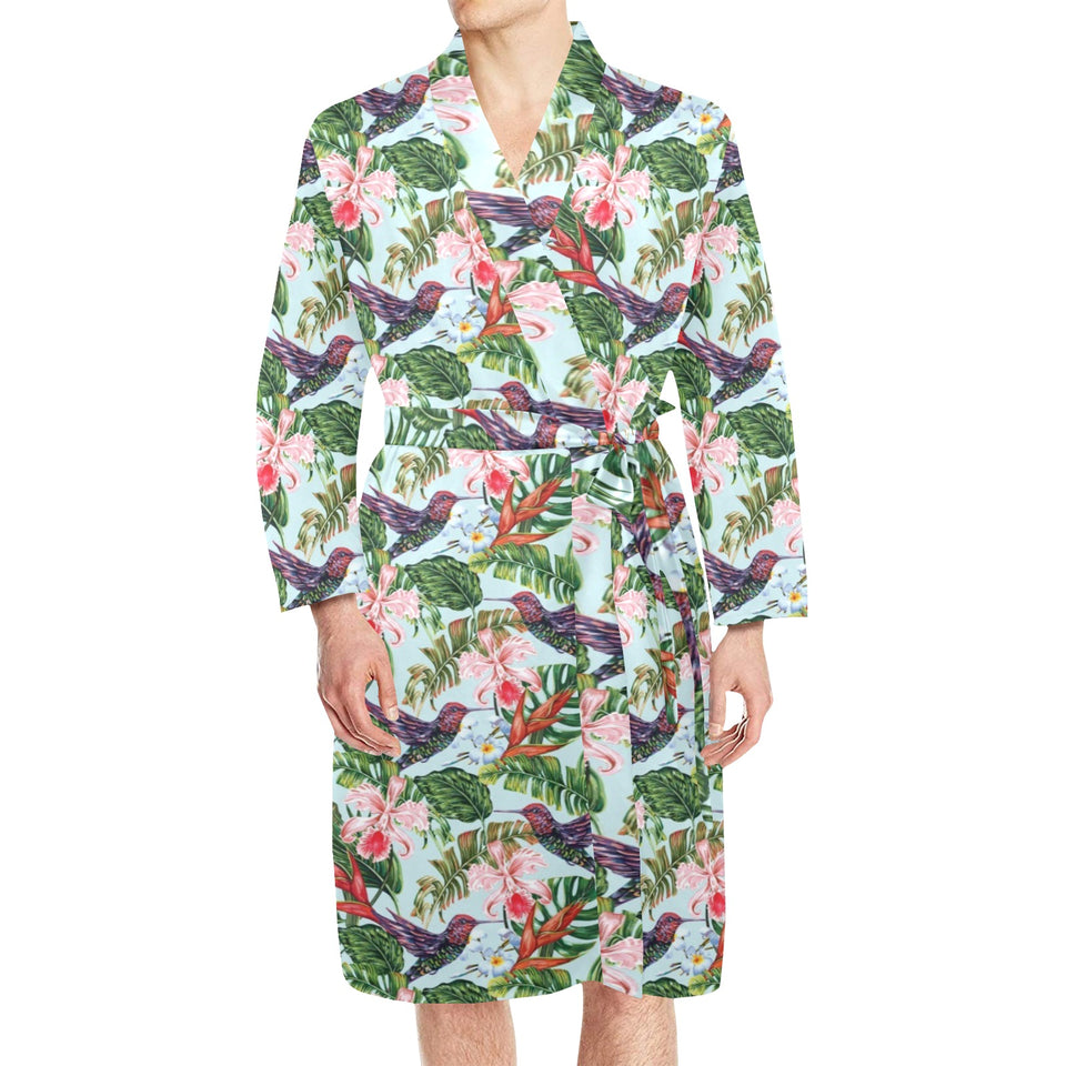 Hummingbird Pattern Print Design 05 Men's Long Sleeve Belted Night Robe