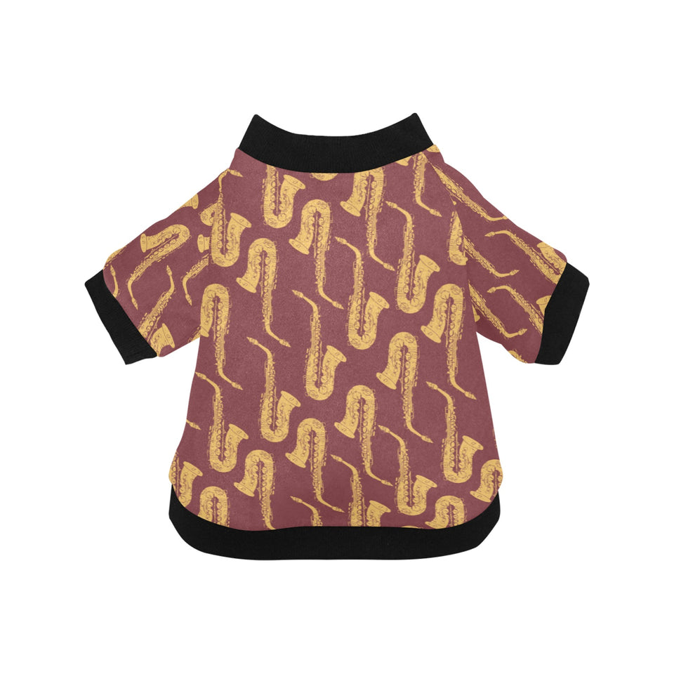 Hand drawn gold saxophone red background All Over Print Pet Dog Round Neck Fuzzy Shirt