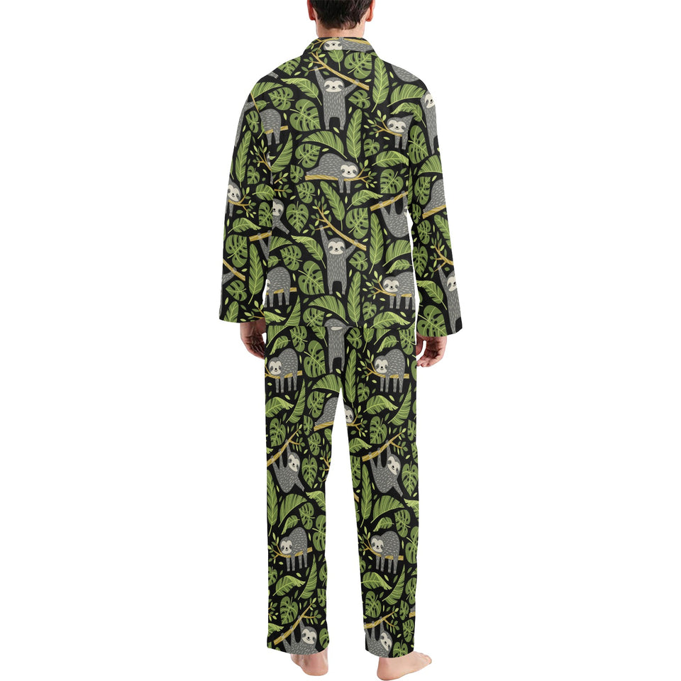 Cute sloths tropical palm leaves black background Men's Long Pajama Set
