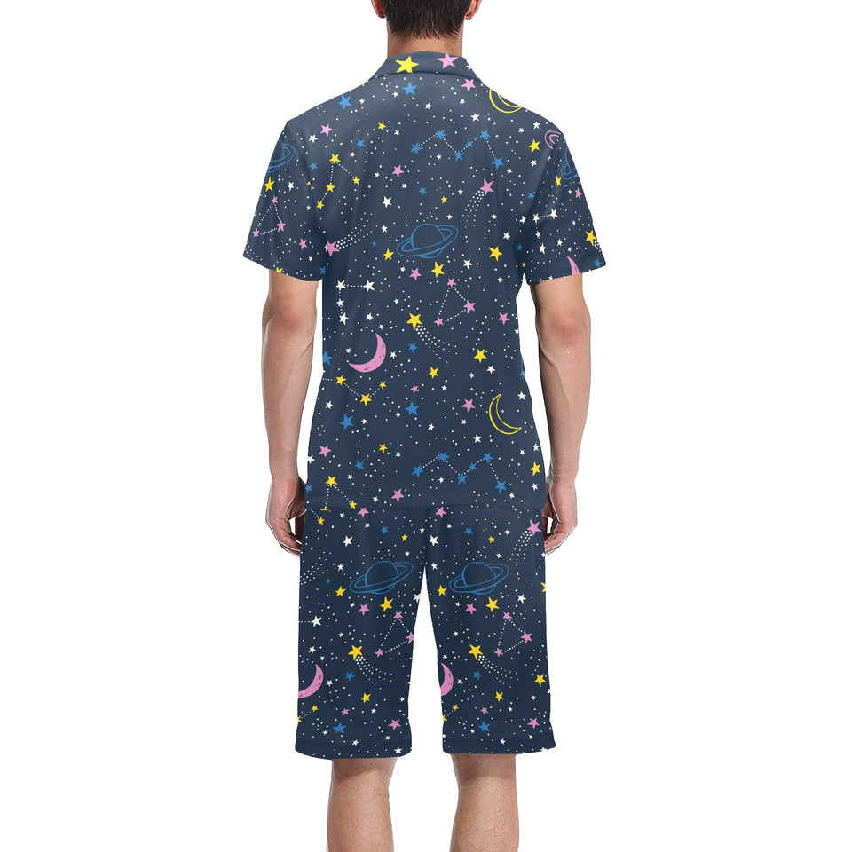 space pattern with planets, comets, constellations Men's V-Neck Short Pajama Set