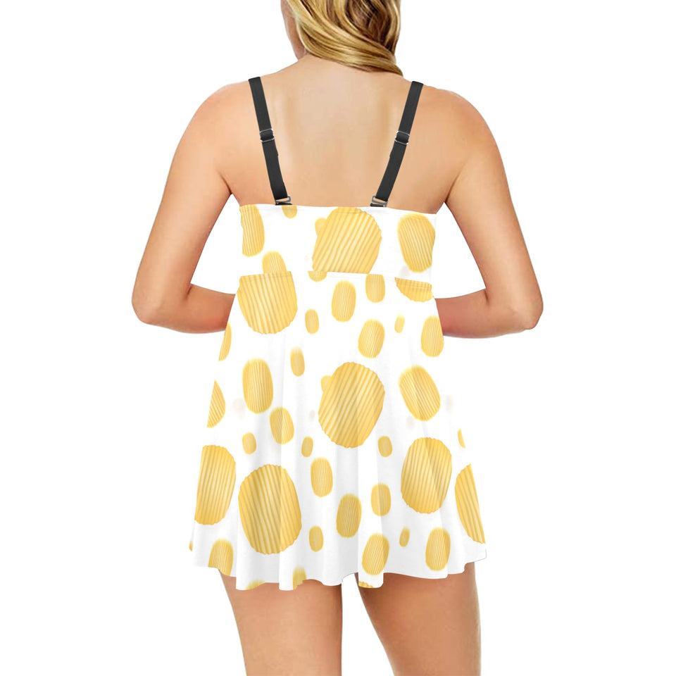 Potato Chips Pattern Print Design 03 Chest Sexy Pleated Two Piece Swim Dress