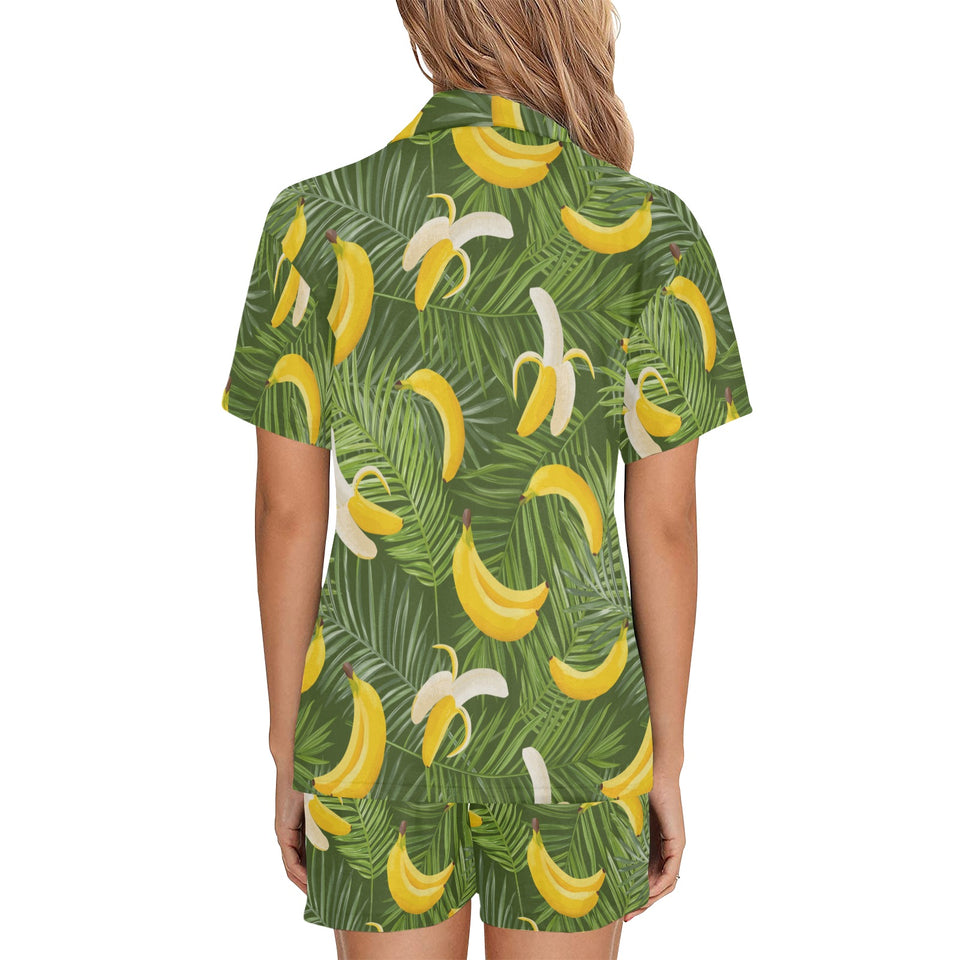 Banana Palm Leaves pattern Women's V-Neck Short Pajama Set