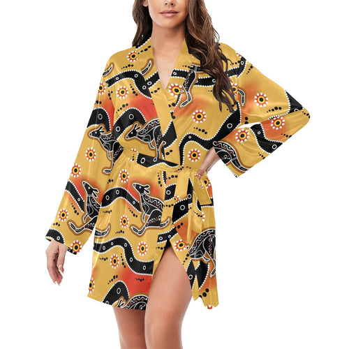 Kangaroo Australian aboriginal art pattern Women's Long Sleeve Belted Night Robe