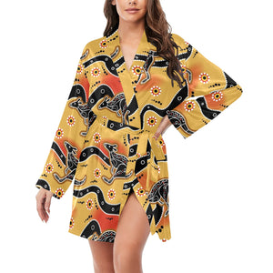 Kangaroo Australian aboriginal art pattern Women's Long Sleeve Belted Night Robe