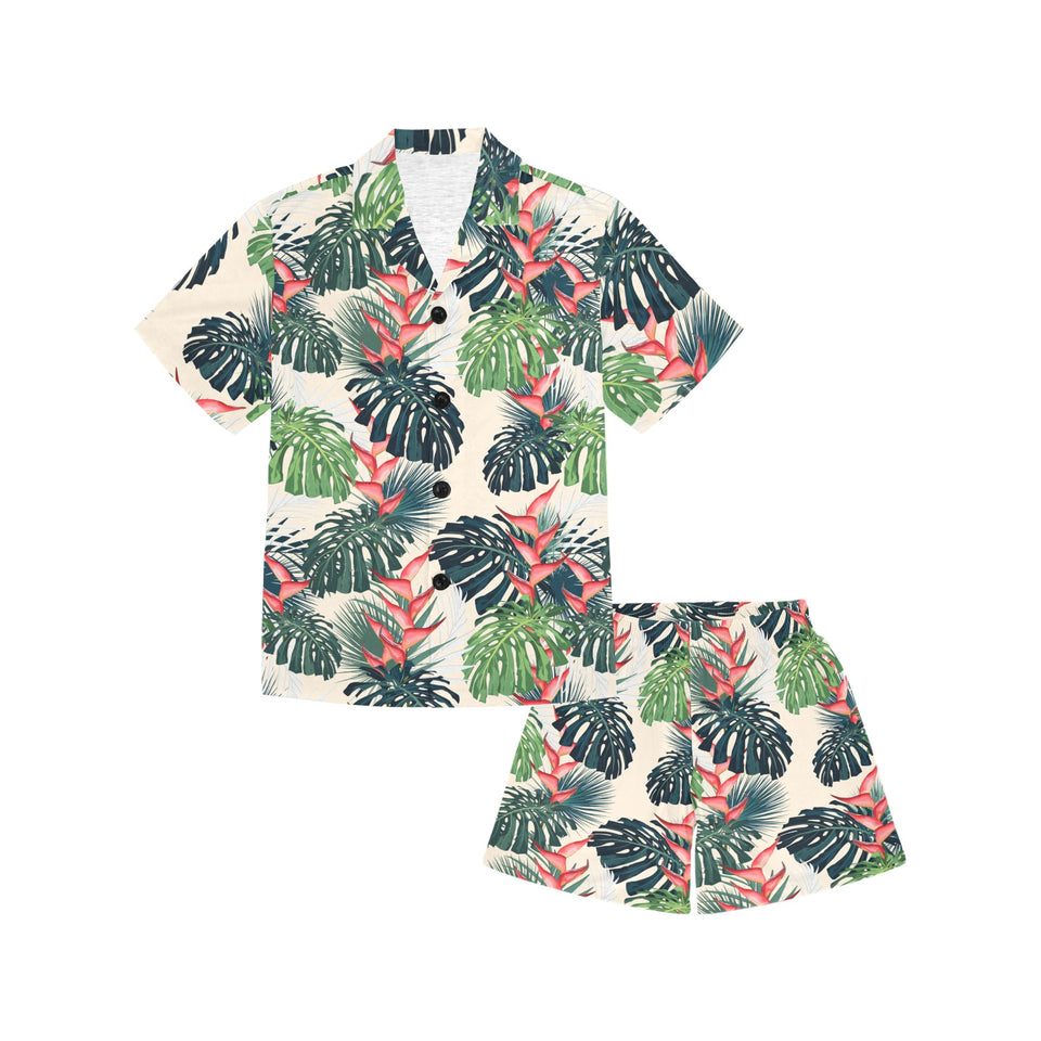 heliconia flowers, palm and monstera leaves Kids' Boys' Girls' V-Neck Short Pajama Set