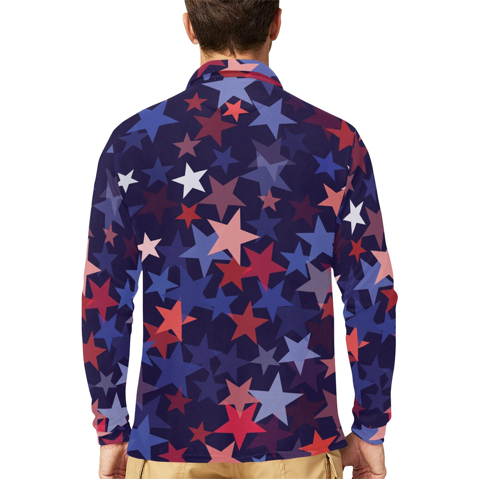Red blue star pattern Men's Long Sleeve Polo Shirt