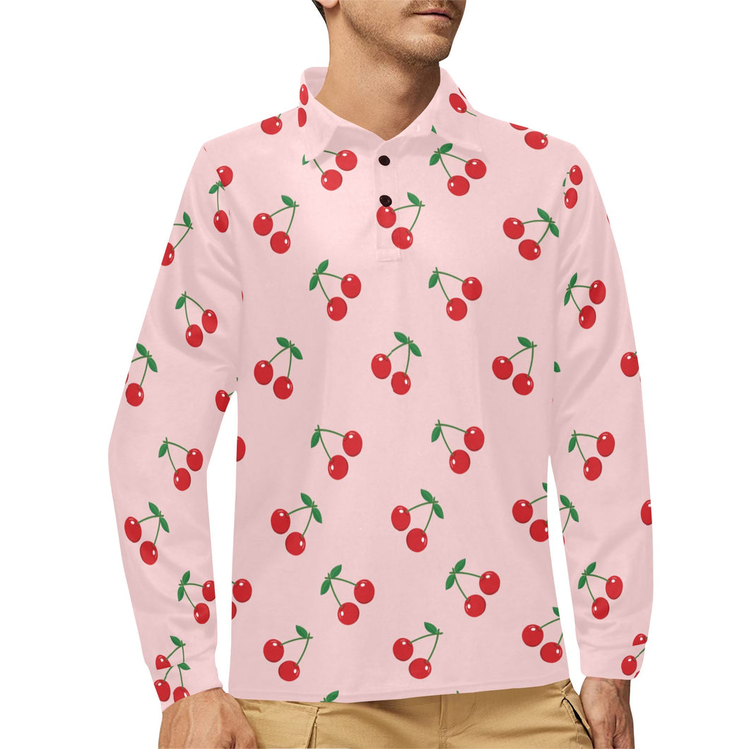cherry pattern pink background Men's Long Sleeve Polo Shirt