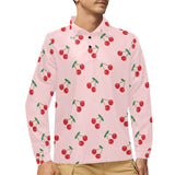 cherry pattern pink background Men's Long Sleeve Polo Shirt