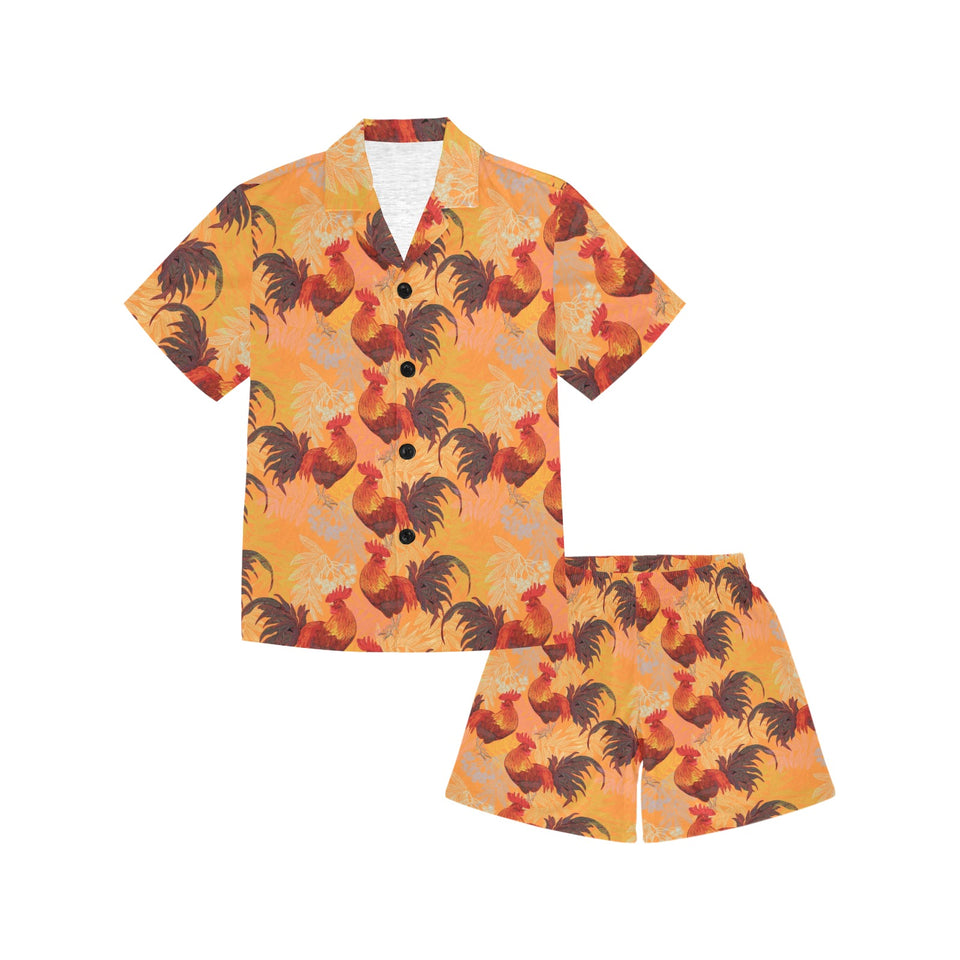 red rooster chicken cock pattern Kids' Boys' Girls' V-Neck Short Pajama Set