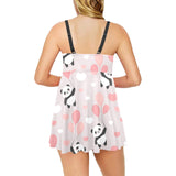 Cute panda ballon heart pattern Chest Sexy Pleated Two Piece Swim Dress