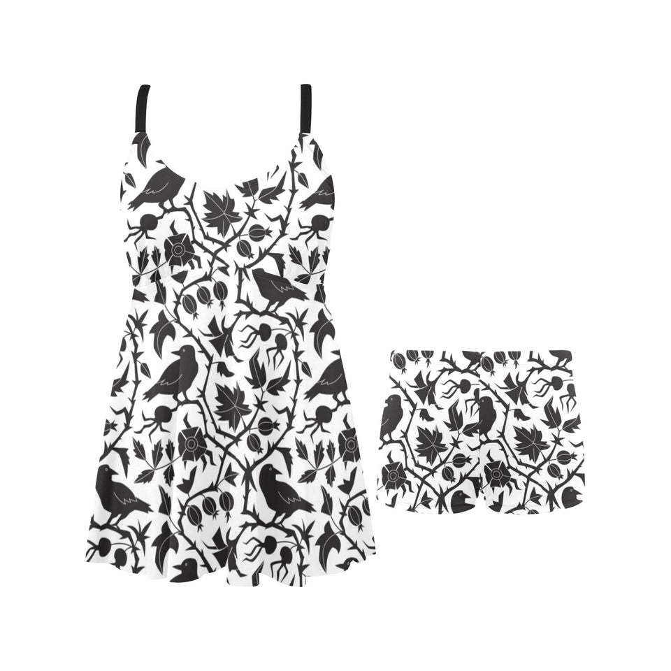 Crow dark floral pattern Chest Sexy Pleated Two Piece Swim Dress