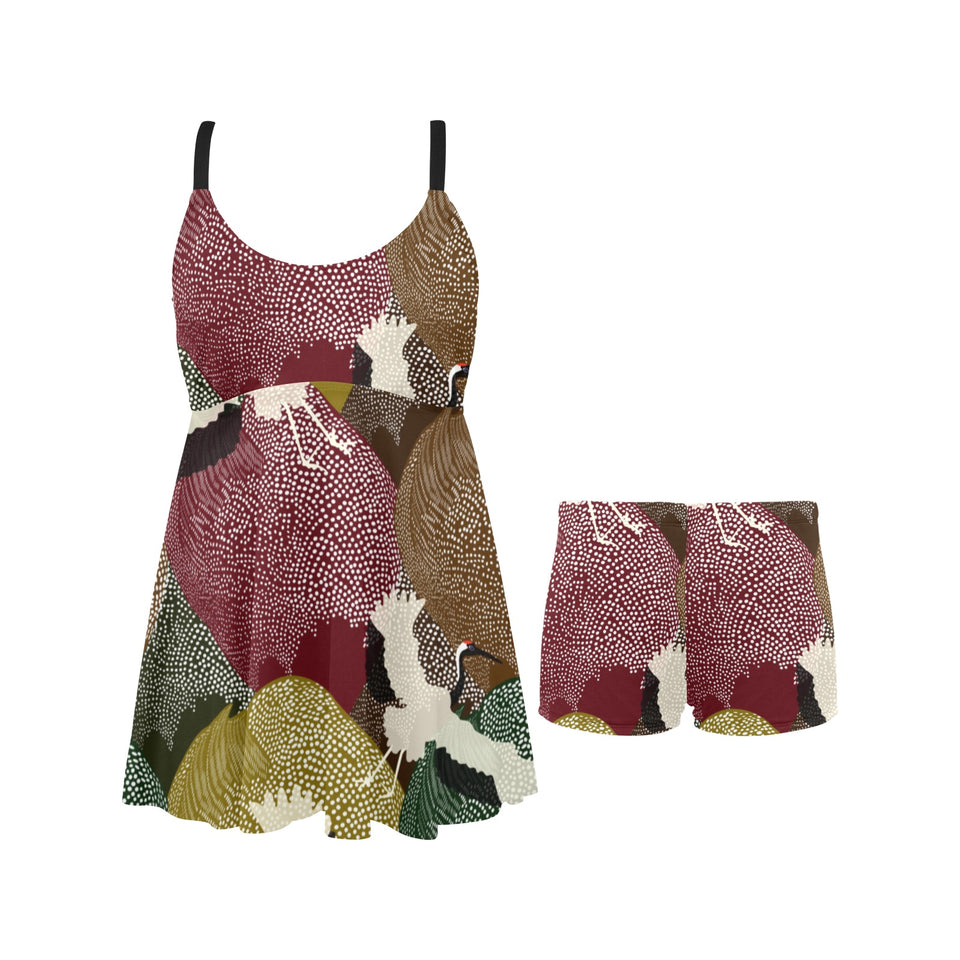 Japanese cranes flying forest dot pattern Chest Sexy Pleated Two Piece Swim Dress