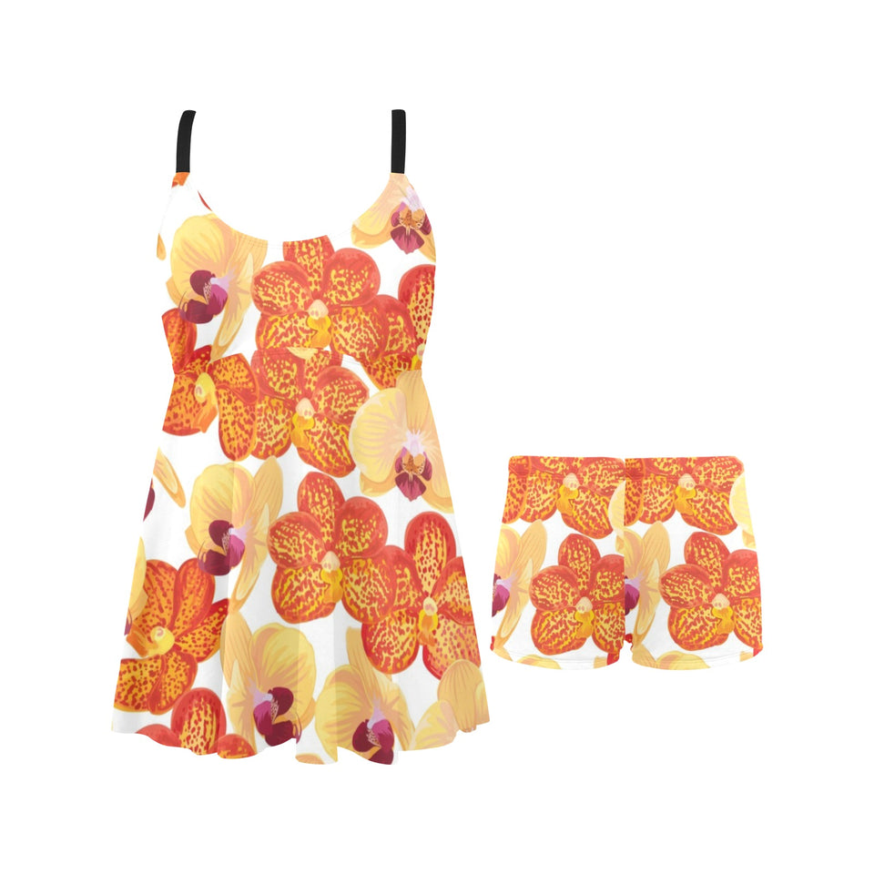 Orange yellow orchid flower pattern background Chest Sexy Pleated Two Piece Swim Dress