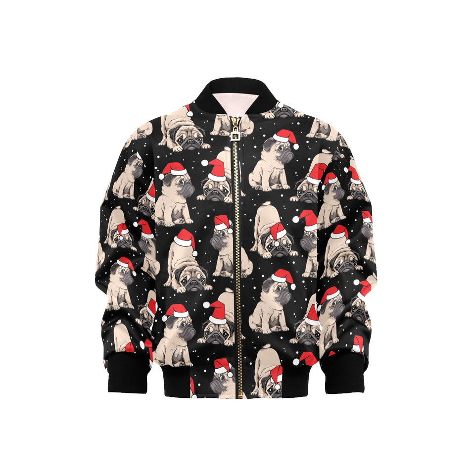 Christmas Pugs Santa_s red cap pattern Kids' Boys' Girls' Bomber Jacket