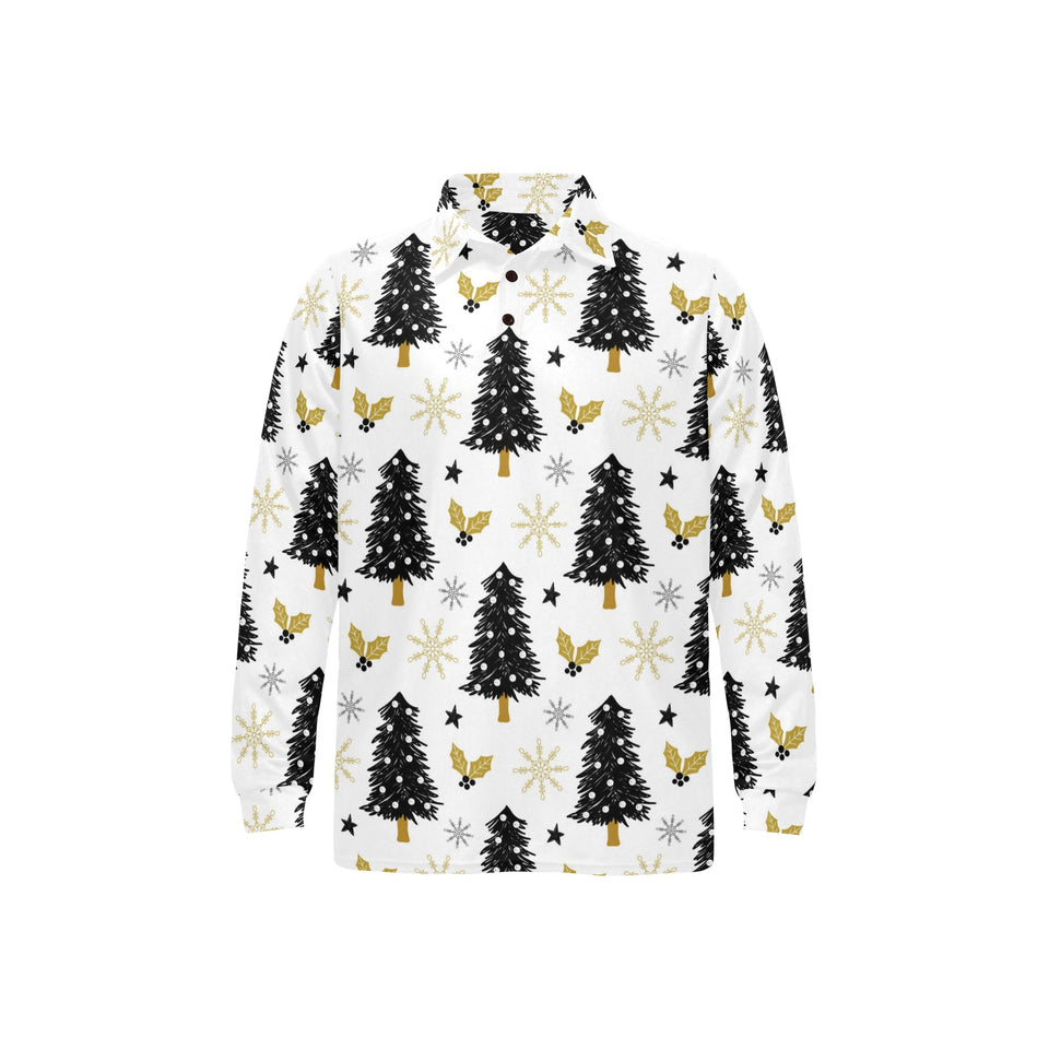 Christmas tree holly snow star pattern Men's Long Sleeve Polo Shirt